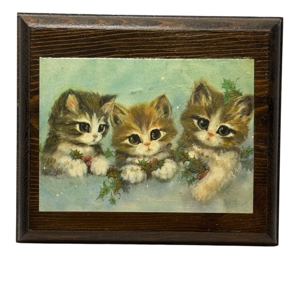 Vintage Christmas Kittens Decoupage Art Wooden Charming Folk Art Plaque